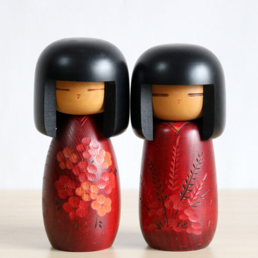 Red Kokeshi Doll Set By Fujikawa Masae