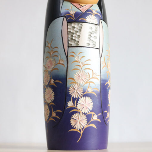 Kokeshi With A Purple And Light Blue Kimono