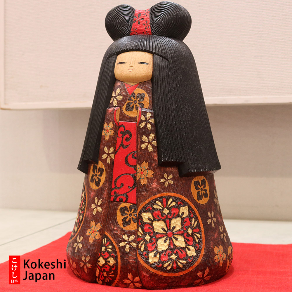 Kunihiki Watanabe Creative Kokeshi Doll In Red And Brown Kimono