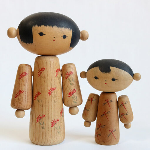 Kokeshi Doll Set By Hideo Ishihara Akatombo Red Mums