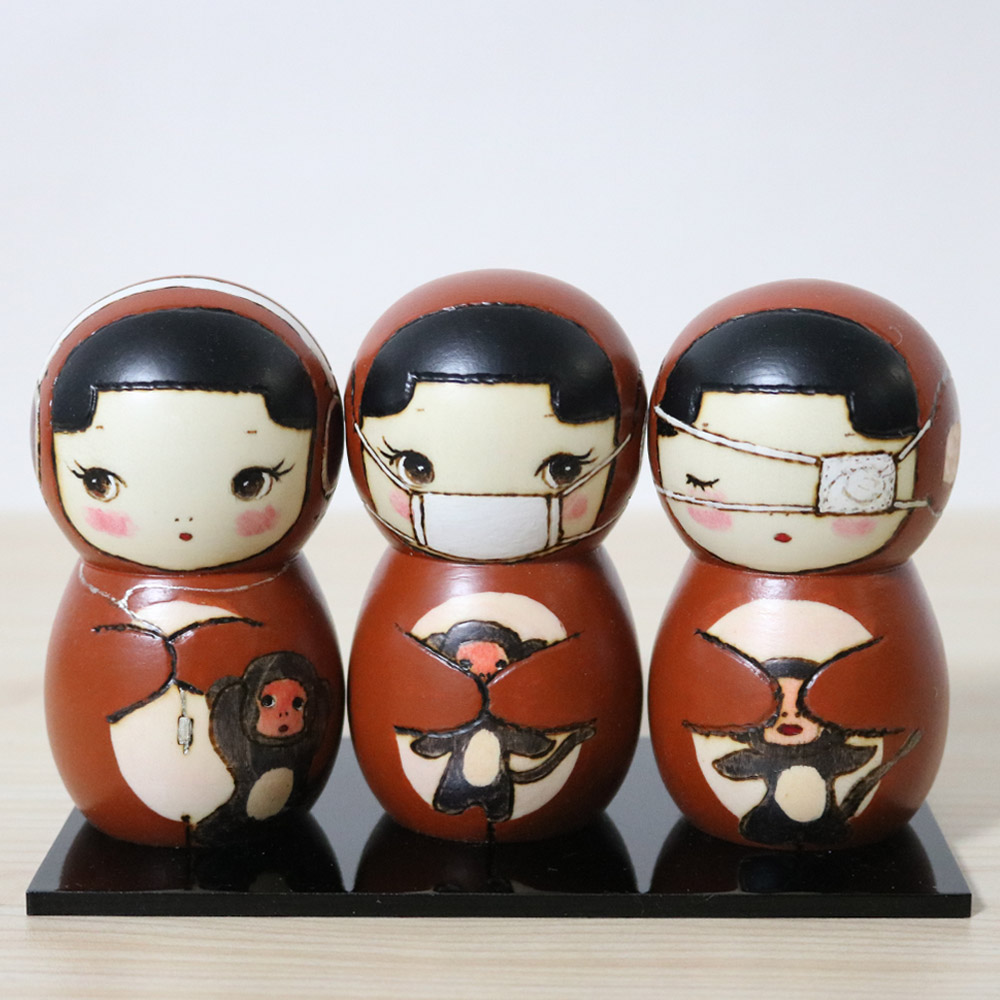 Oki Izumi Kokeshi Doll Set Three Wise Monkeys