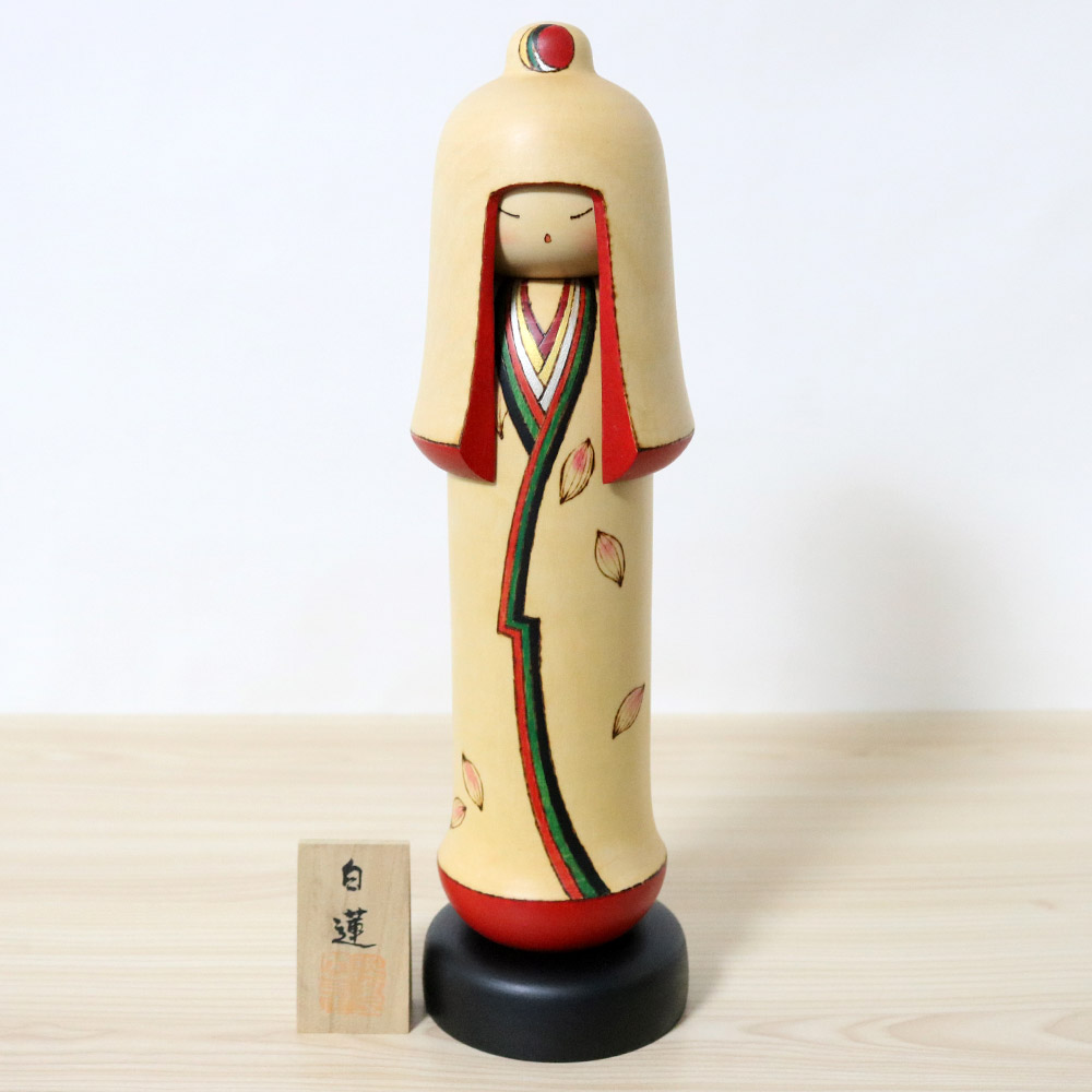 Sekiguchi Sansaku Vintage Kokeshi Doll White Lotus Front
